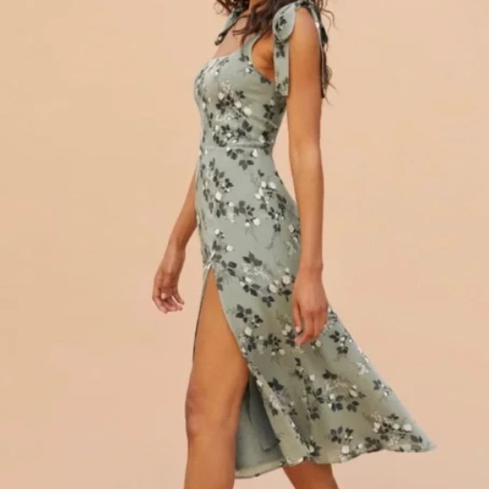 Reformation Twilight Dress Green Floral Tie Square With Slit Bridesmaid Wedding